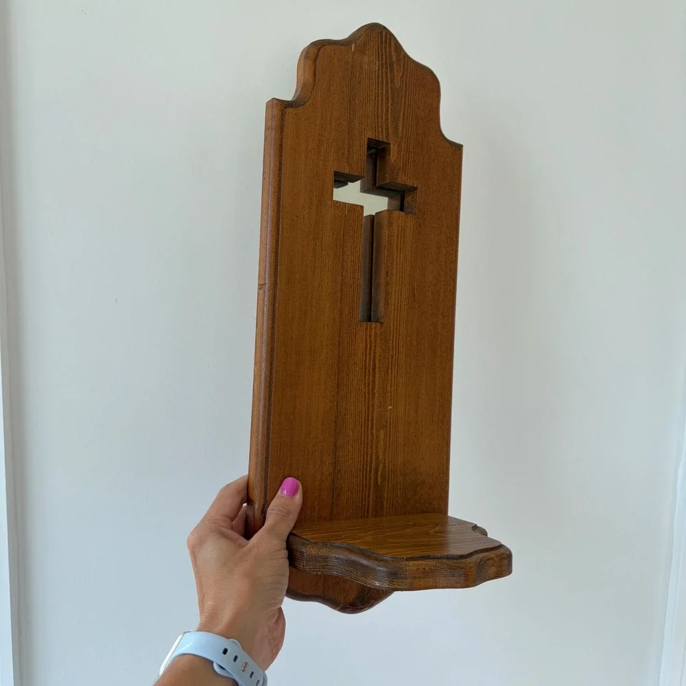 Vintage Wooden Wall Sconce Shelf Mirrored Cross Cutout Religious Decor 16 inch